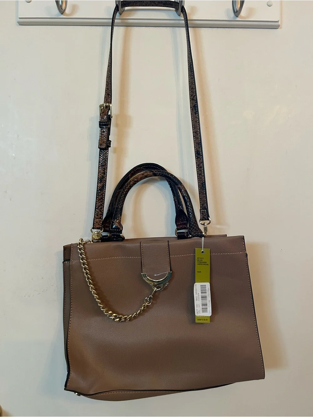 Gianni Bini Taupe Structured Satchel with Gold Chain Accent